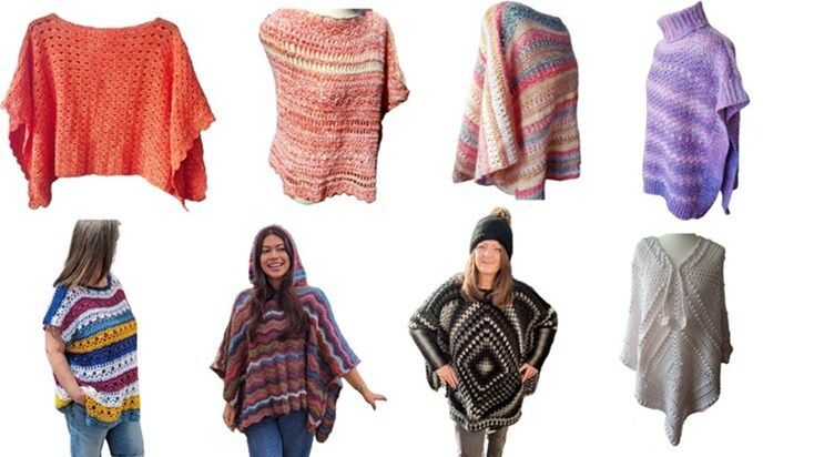 Collage of eight handmade crochet ponchos in various styles and colors, including striped, textured, and ombré designs. Each poncho is modeled or displayed flat, showcasing different necklines, stitch patterns, and vibrant yarn choices like coral, rainbow, purple, and black-and-white.