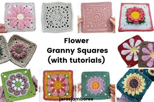 Collage of ten colorful floral granny square patterns, each featuring a unique crochet flower design with petals, textured centers, and varying background colors. Text in the center reads “Flower Granny Squares (with tutorials),” promoting crochet guides by jerasjamboree. Ideal for crafters looking for creative floral granny square pattern ideas.