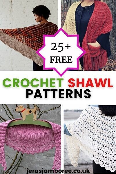 Collage of 4 different types of shawls.  Text reads "25+ free crochet shawl patterns"