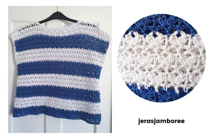 Image displays the finished Isla Crochet Top hanging on a black hanger, featuring bold horizontal stripes in royal blue and white with an airy, textured stitch. A close-up circle inset shows the detailed stitch pattern, highlighting the open, lacy crochet design.