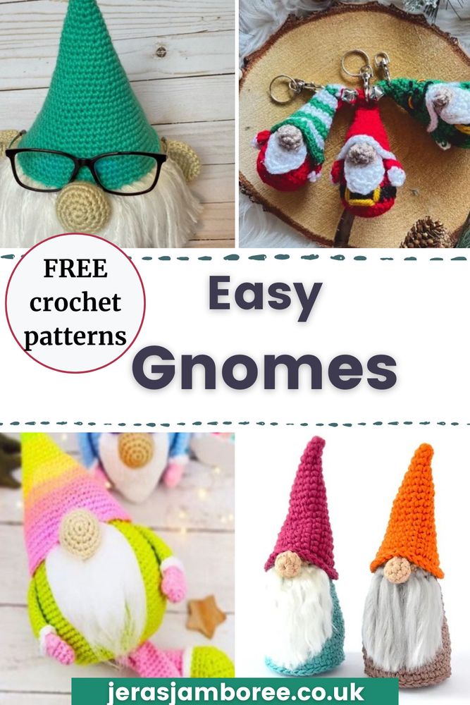 Collage of four crochet gnomes.  Text reads "easy gnomes" and a label reads "free crochet patterns"