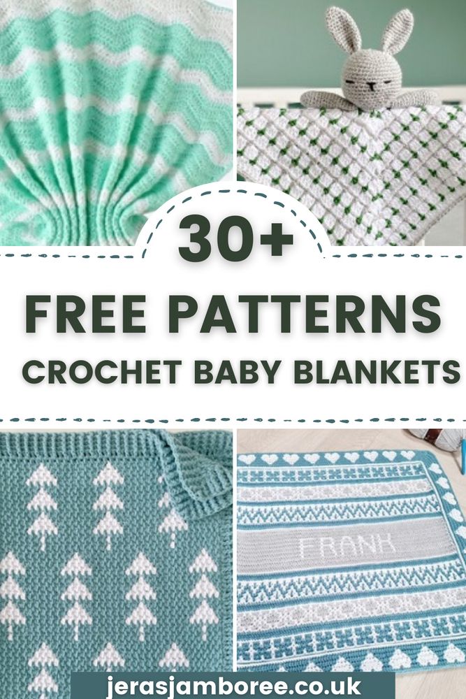 Collage of four photos showing different baby blankets.  1) ripple stitch  2) granny stitch  3) trees created from the tapestry technique and 4) mosiac crochet baby blanket.  Text reads "30+ free patterns crochet baby blankets"