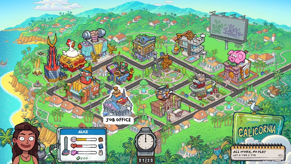 A vibrant map of the game world in Walk of Life, a town called Calicornia.