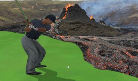Old golfing video game from 2005, Tiger Woods PGA, but with a photoshopped volcano on top of it, from Grindavík, Iceland.