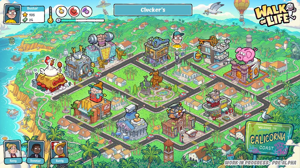 The map in Walk of Life, titled Calicornia, showing all the fancy buildings you can interact with. 