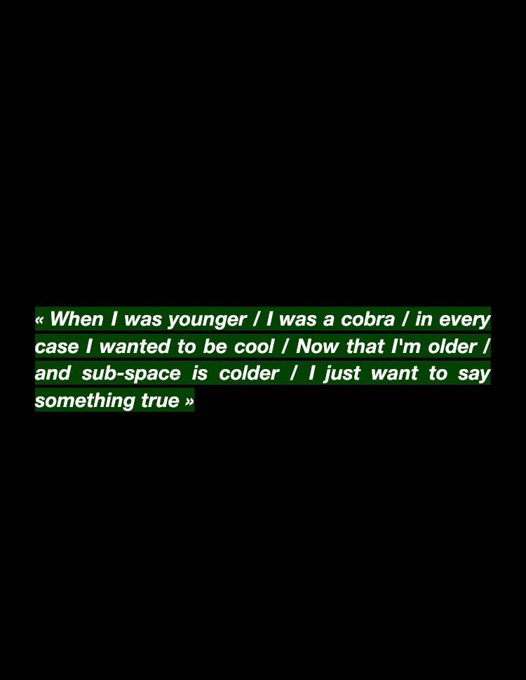 « When I was younger / I was a cobra / in every case I wanted to be cool / Now that I'm older / and sub-space is colder / I just want to say something true »