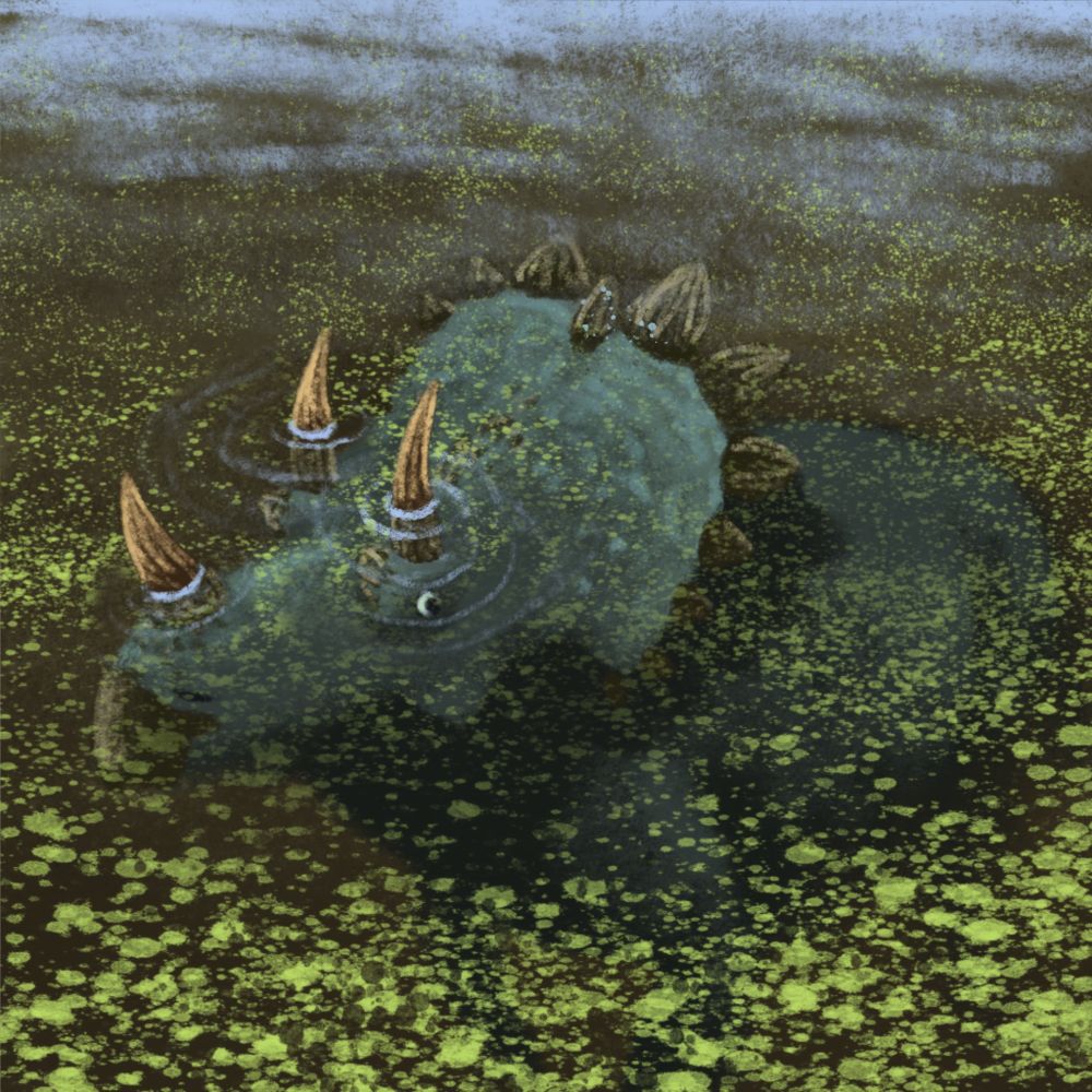 A teal Regaliceratops submerged in murky water, with only the tips of its horns poking out, there are small green water plants scattered over the surface
