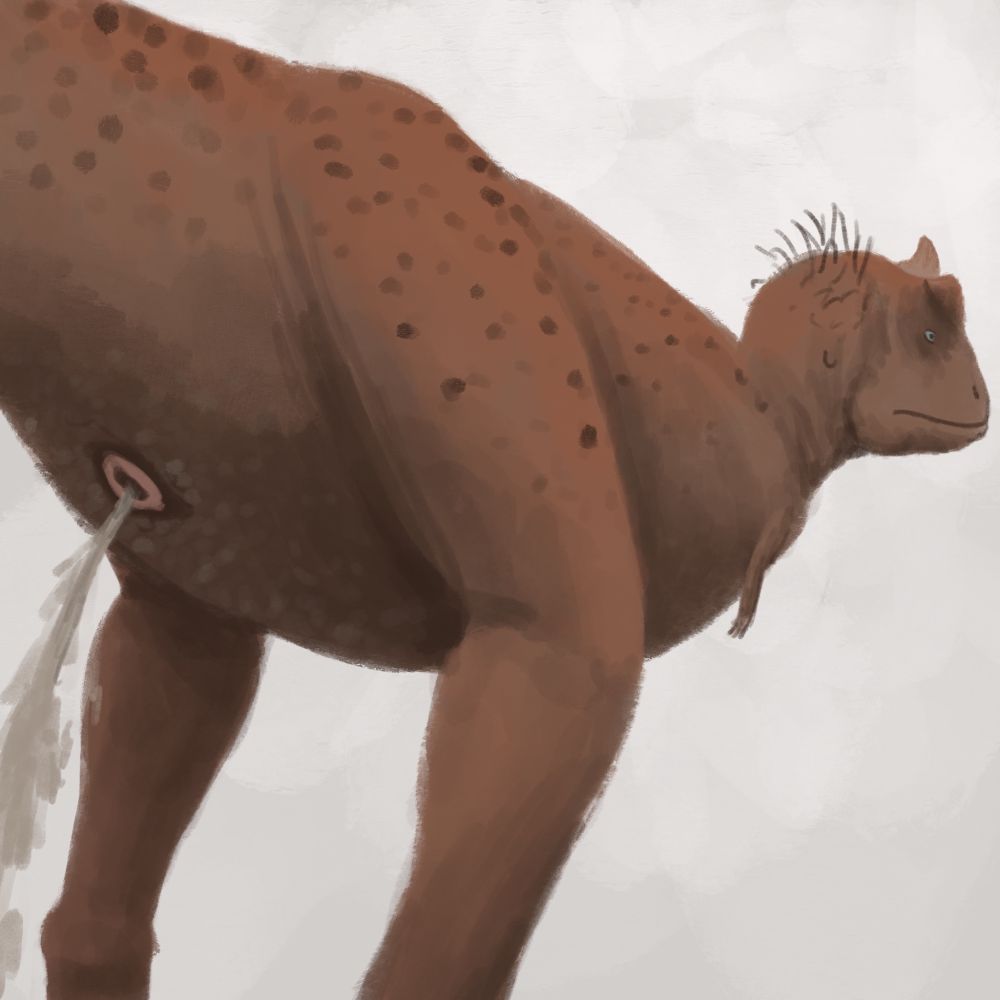 A brown Pycnonemosaurus’ behind, pissing in front of a white cloudy sky