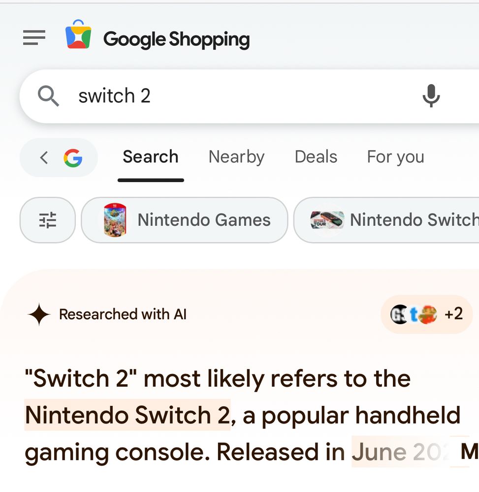 a google shopping search result for switch 2 with the first result being a “researched with ai” overview explaining that switch 2 likely refers to nintendo switch 2