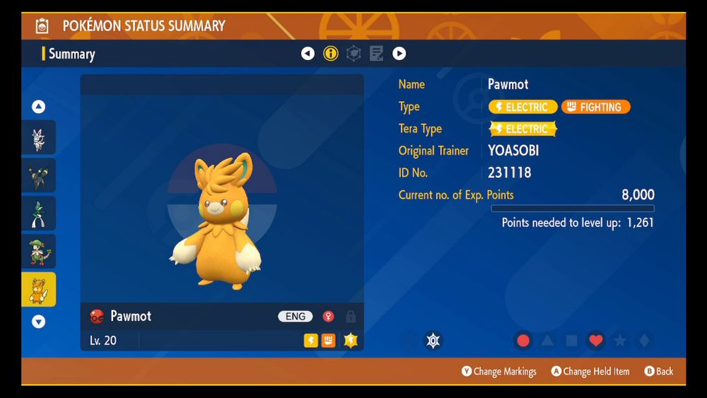 ポケットモンスタースカーレットの画面写真です。
あいことばで受け取れるYOASOBIパーモットを受け取ってきました！
こちらは英語ロムで受け取った子です。