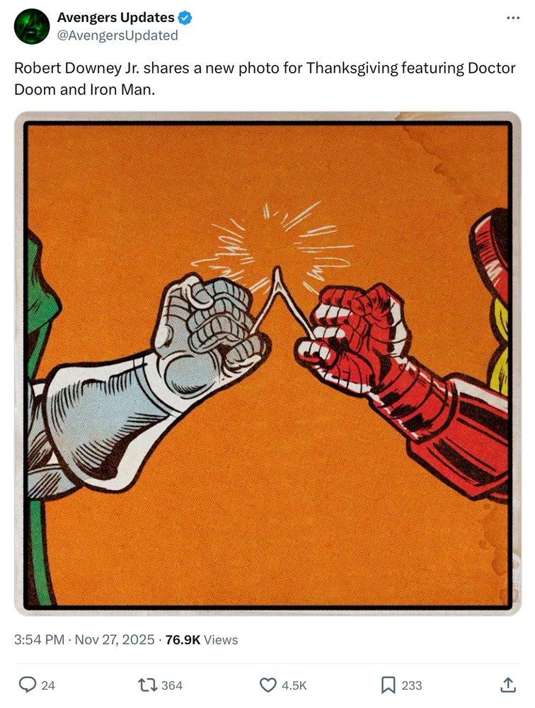 Doctor Doom & Iron Man making a wish over a turkey wishbone.