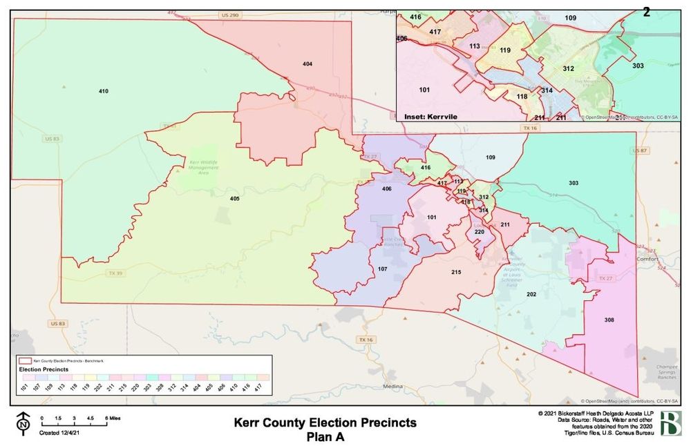 District map of Kerrville, Texas. It is quite clearly gerrymandered af