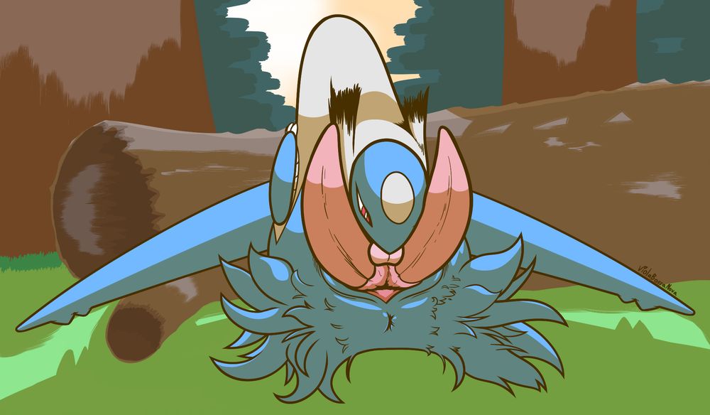 NSFW Art of a Latios on the ground, two cocks standing erect, licking the region at the base where the two cocks emerge.