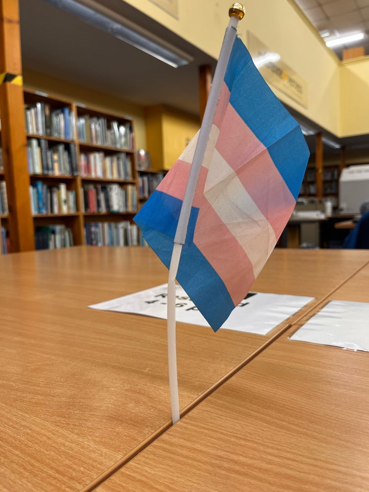A small trans pride flag with a bent plastic pole holding it up, stuck between two tables at a library