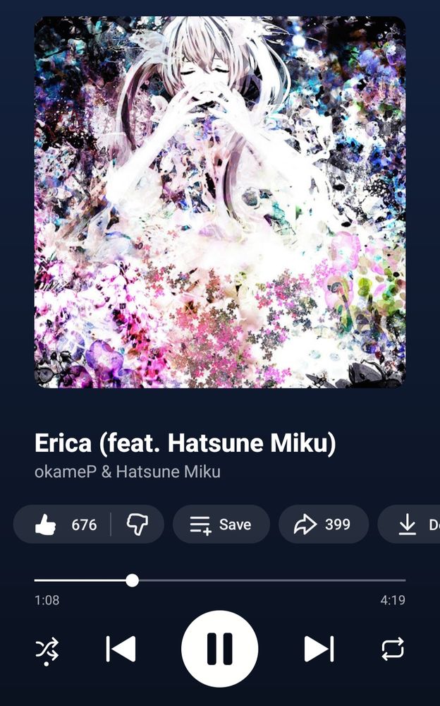 "erica" by okameP and hatsune miku playing on youtube music