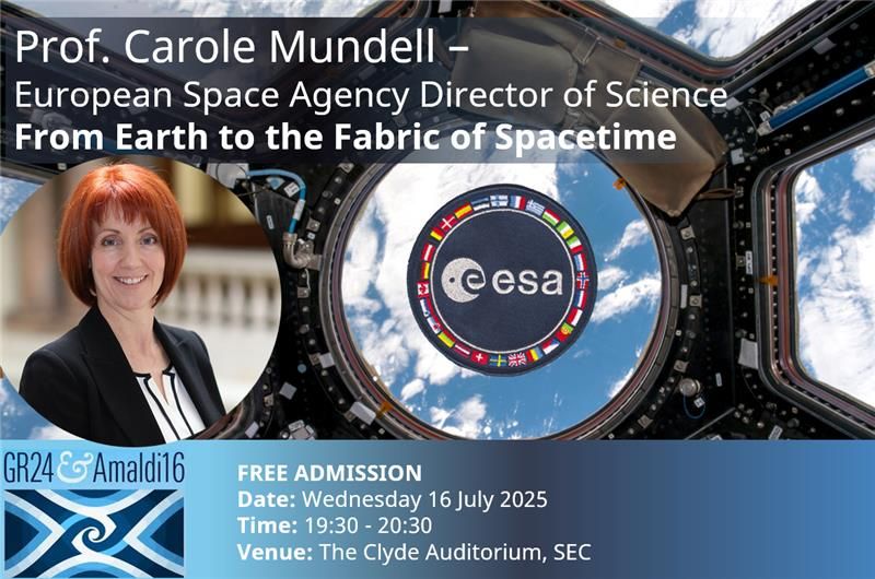A poster describing the talk which is described in the main post. It has a photograph of Prof Mundell next to the ESA logo superimposed over a view of the Earth from the international space station. The information in the image is the same as the post.