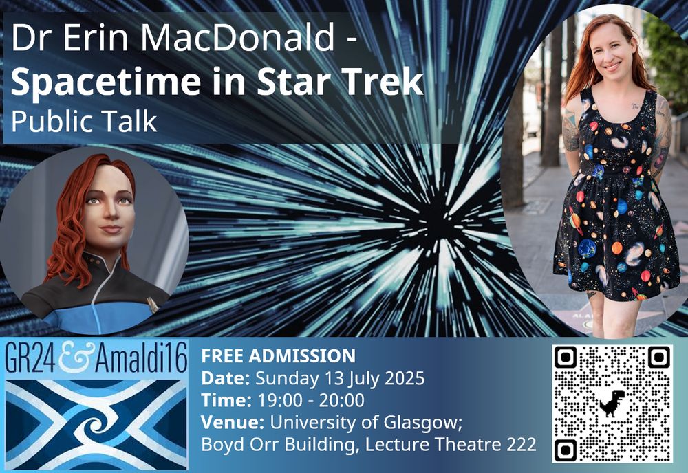 A poster describiing the talk; the information in the image is the same as in the post. The image has a 3D computer graphic representation of Dr MacDonald wearing a blue star trek uniform, and a photo of her wearing  a dress which is covered in images of planets and other astronomical objects.