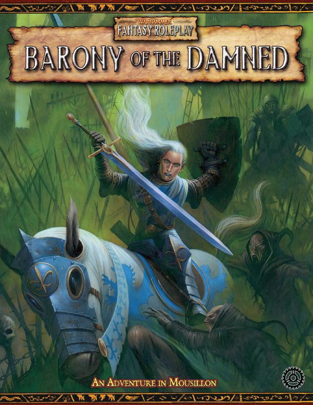 Cover art of Barony of the Damned: a white-haired female knight on armoured horse battles ghouls