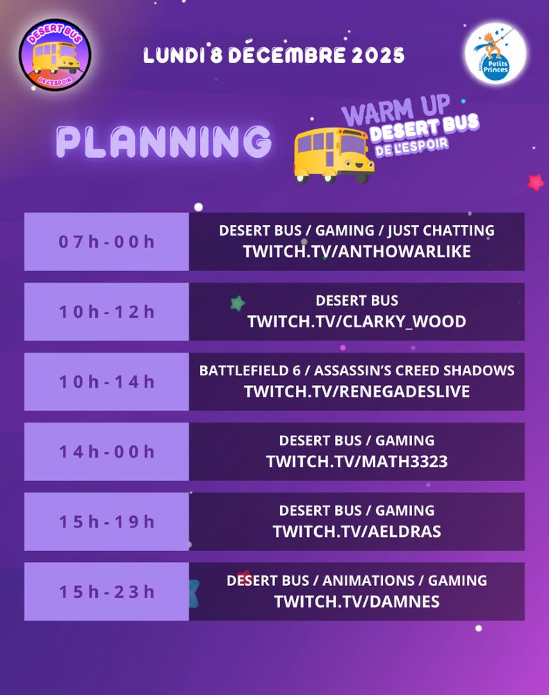 Planning du Warm Up du Desert Bus de l'Espoir, lundi 8 décembre :
07h-00h : Desert Bus, gaming et just chatting sur https://twitch.tv/anthowarlike
10h-12h : Desert Bus sur https://twitch.tv/clarky_wood
10h-14h : Battlefield 6 et Assassin's Creed Shadows par JohnnyBoy sur https://twitch.tv/renegadeslive
14h-00h : Desert Bus et gaming sur https://twitch.tv/math3323
15h-19h : Desert Bus et gaming sur https://twitch.tv/aeldras
15h-23h : Desert Bus, animations et gaming sur https://twitch.tv/damnes