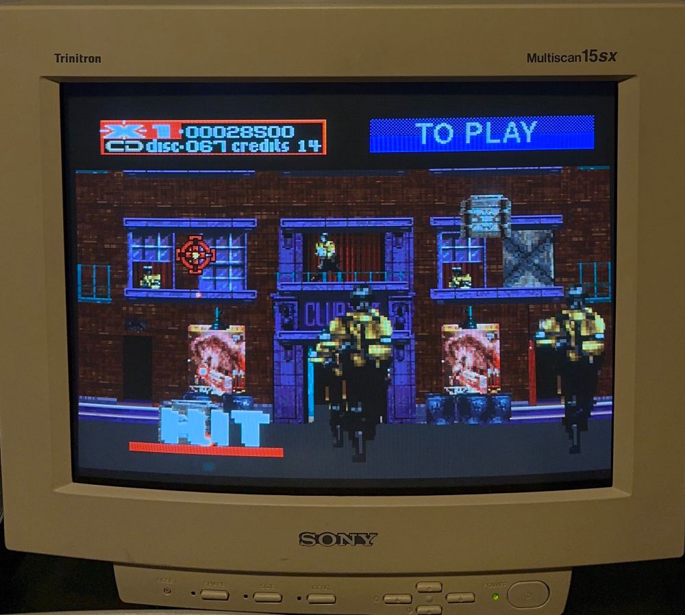 Revolution X (PC / Midway, Rage Software, 1996) on a Sony Trinitron CPD-15SX1 CRT monitor - outside of a building
