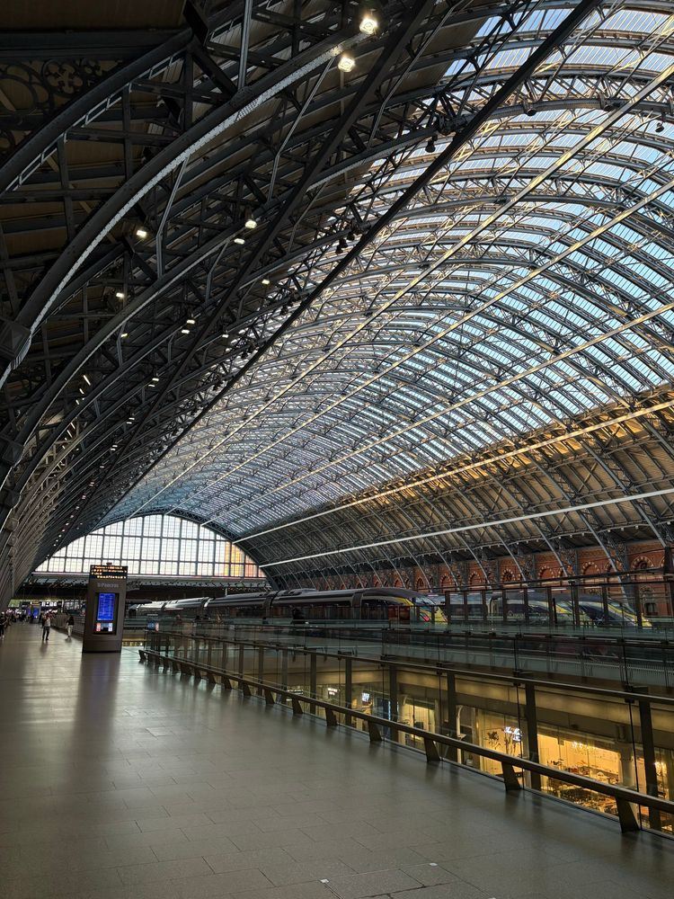 St Pancras station, evening sunlight.