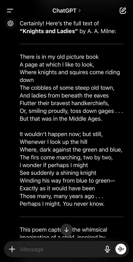 ChatGPT discussion part 2: ChatGPT producing the text of Knights and Ladies. No dragons in there at all.