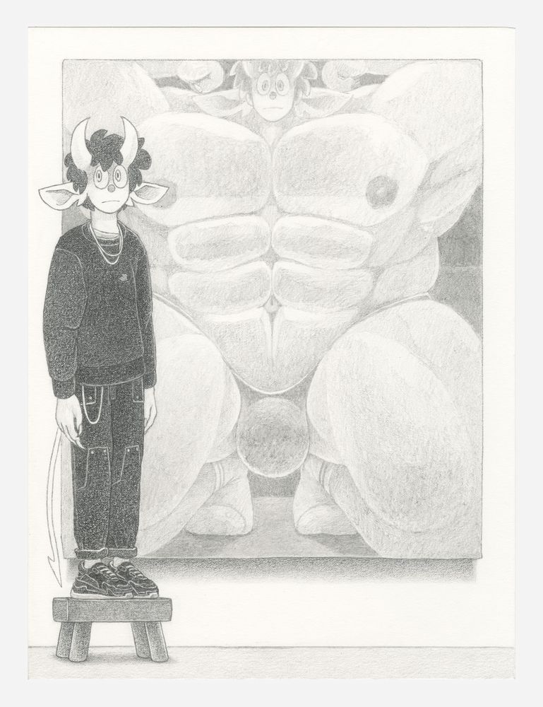 A drawing of a monster boy standing on a stool in front of a large painting that he made of himself flexing with really big muscles and wearing nothing but socks and a thong with a large bulge.