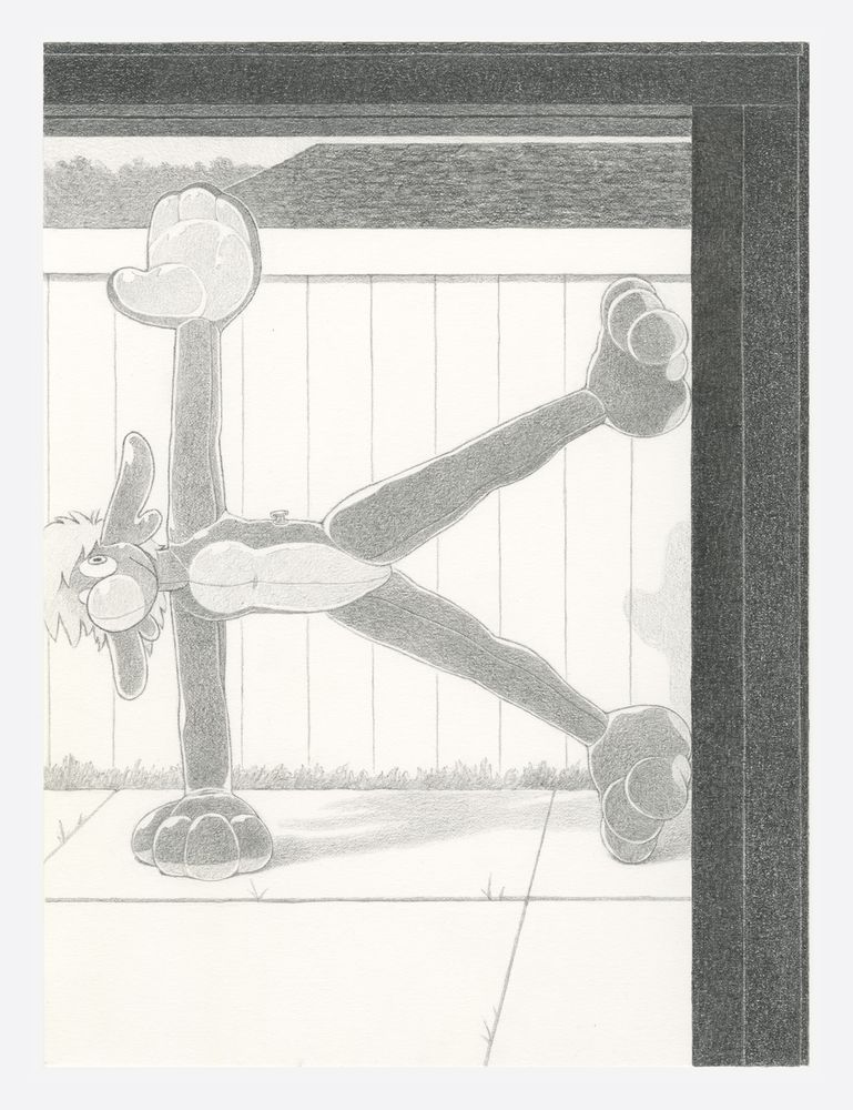 Drawing of a view from a window in a dark room out to a shallow yard almost fully paved over in sidewalk cement, small blades of grass poking up from the gridlines of the sidewalk, drenched in stark sunlight. A living pooltoy with large mitten-like hands and feet is doing a sidestand pose of some sort. He/it is backed by a plain white fence with a line of grass poking up from where the paving meets the fence, and you can just about see the top of the roof of the neighboring house and the distant treeline behind it.