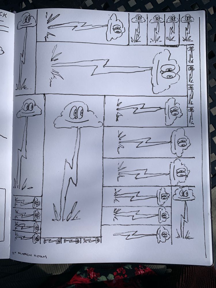 The same cartoon of a smiling cloud striking the ground with a thunder bolt, repeated rotated and scaled to tile most of the picture plane as a non-narrative comic of sorts.