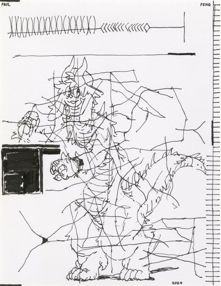 Cartoon line art drawing of a dragon guy with a bunch of stray abstract lines and scribbles over him. Not enough to obscure him as though he were scribbled over, but enough to make it hard to discern his contours, as though he and the scribbles were merging into each other like the blurry edges of a gradient, despite this being a ink line-art drawing. There's some border-like geometry around the margins of the drawing to frame the figure and his marks with a comics-esque or ledger-paper-esque visual structure, with the top-left, top-right, and bottom-right corners respectively containing the artist's first name (Paul), last name (Peng), and the artwork's year of creation (2024).