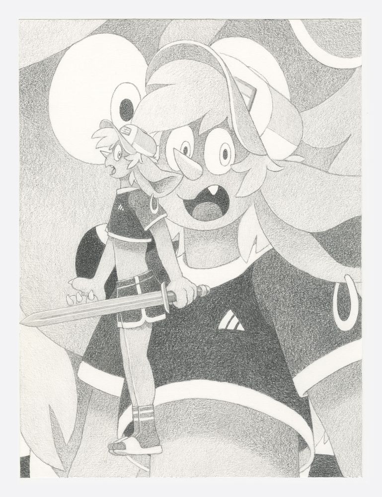 Drawing of a photo from a goblin twink's photoshoot session with his cool sword. It appears that this photo was composed from three original photos: a medium three-quarters shot of the goblin has been chroma keyed into the background of the goblin's full-figure shot in profile, and a close-up head-on shot of the goblin's face has been chroma keyed into the background of the medium shot. It seems that all three source photos were taken at the same time, just from different zooms and angles.