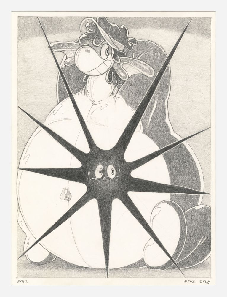 A dragon pooltoy with a large taut inflated belly sitting down on a blurry abstract landscape, taking up most of the picture plane, superimposed by a giant dark star-shaped hole with a mouthless, blushing and sweating cartoon face in the center of it.