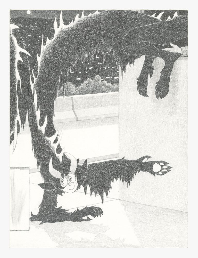 Fully rendered graphite drawing depicting the following. Monster boy with long snake-like torso and fine dippy black fur arcing across the foreground of the picture—a brightly lit street corner overlooking a cliff drop-off, with the drop-off itself obscured by concrete highway barrier plinths and the top of a treeline—with its back legs perched on a windowsill of the building at the corner, his right forearm supporting his weight on the sidewalk, his left forearm held out to the side gesturing to our right, and his gaze looking at something off-screen to our left. A small sliver of the torso of another similar monster boy is just barely in the picture frame from our left, brushing up against the side of the first monster boy's torso. The background is a suburban sprawl at night—a dark plain and distant hill/mountain dotted in the lights of the houses there, and a night sky occupied solely by a small full moon flush with the top edge of the picture. The bottom-left corner contains several eraser smudges which then have a small comics-style panel drawn around it, containing it from the rest of the picture.