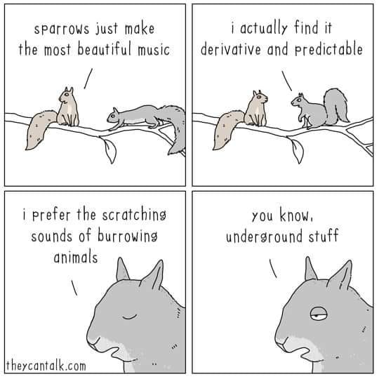Cartoon: Squirrels discuss their favourite music.  