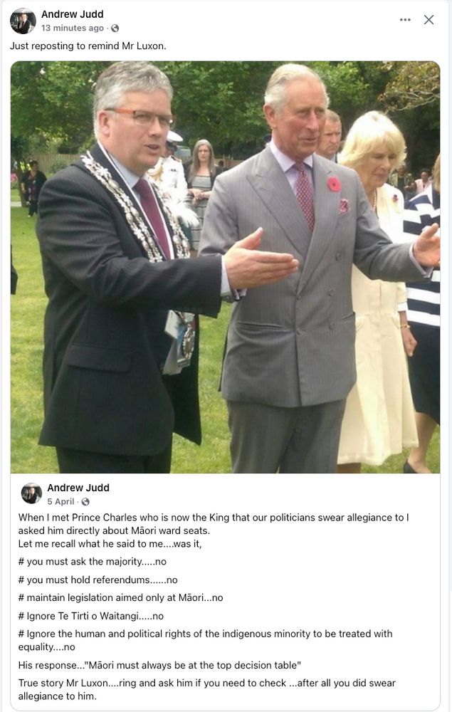 Facebook post by Andrew Judd talking about what he and King Charles talked about on the latter's last visit. Charles: " Māori must always be at the top decision table. "