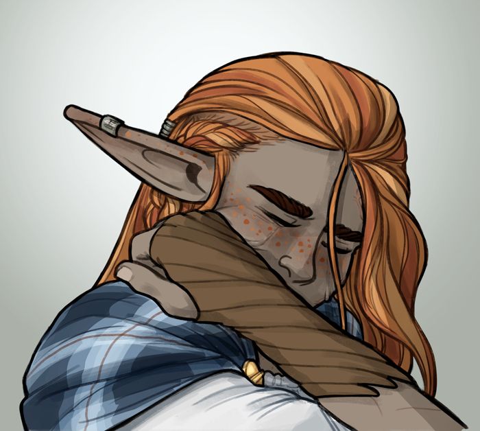 Art of an orange haired woody skinned elf wiping tears off her cheeks