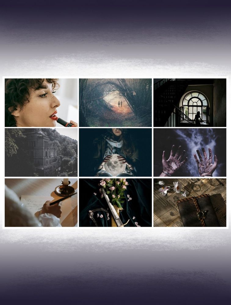 Mood board including a close up of a freckled woman doing her makeup, two women at the end of a spooky forest path, a silhouetted woman in a dark and empty estate staircase, a large estate in the forest, a woman performing magic over a miniature moon, black ooze on hands before smoke, a woman writing letters with a quill, a beautiful dagger sitting against and amongst the flowers, and a leather bound notebook over newspaper