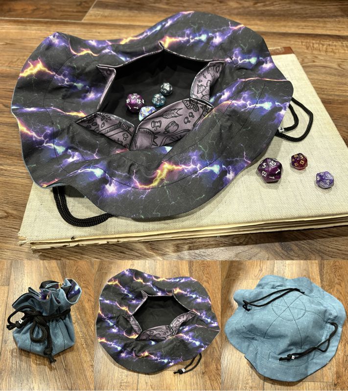 Compilation of photos of a blue and black dice bag with lightning patterns and adventuring accents