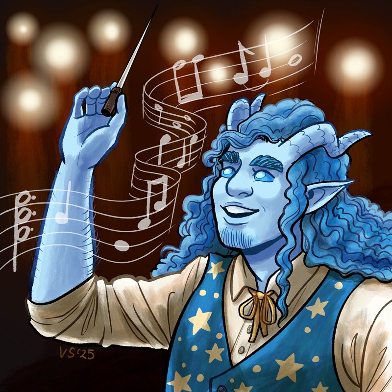 A blue tiefling waving a wand to make magical music in the air