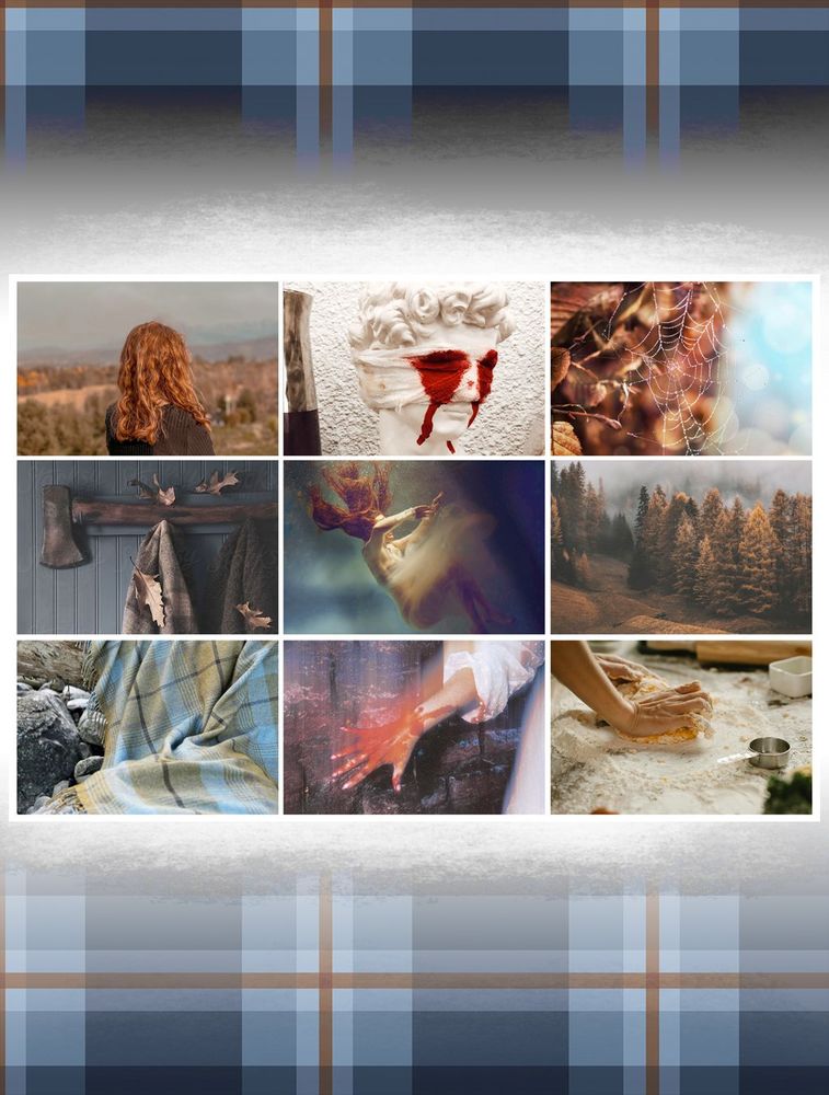 Moodboard including a woman with orange hair looking out at an autumn landscape, a statue with bandaged eyes weeping blood, a spiderweb in an autumn tree, a tree axe hooked on a wall with autumn leaves blown in, a woman plunging into the watery depths, an autumn landscape, a plaid blanket on the rocks, a woman’s blurry bleeding bloodied hand, and hands close up kneading bread on a counter.