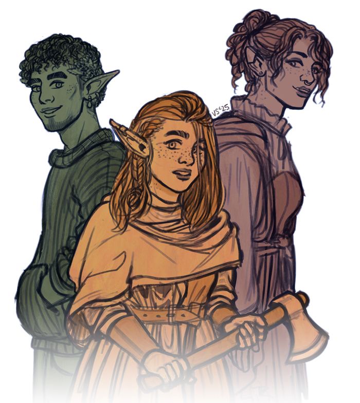 A drawing of three people. One tinted in green is a man with curly hair and long fey ears and a laurel crown of rowanberry wearing a chunky knit sweater. In orange, a shorter elf holding an axe wearing an earasaid with her hair braided behind one ear. The third is purple, taller than the others and wearing many draping layers of clothes.  Art by me.