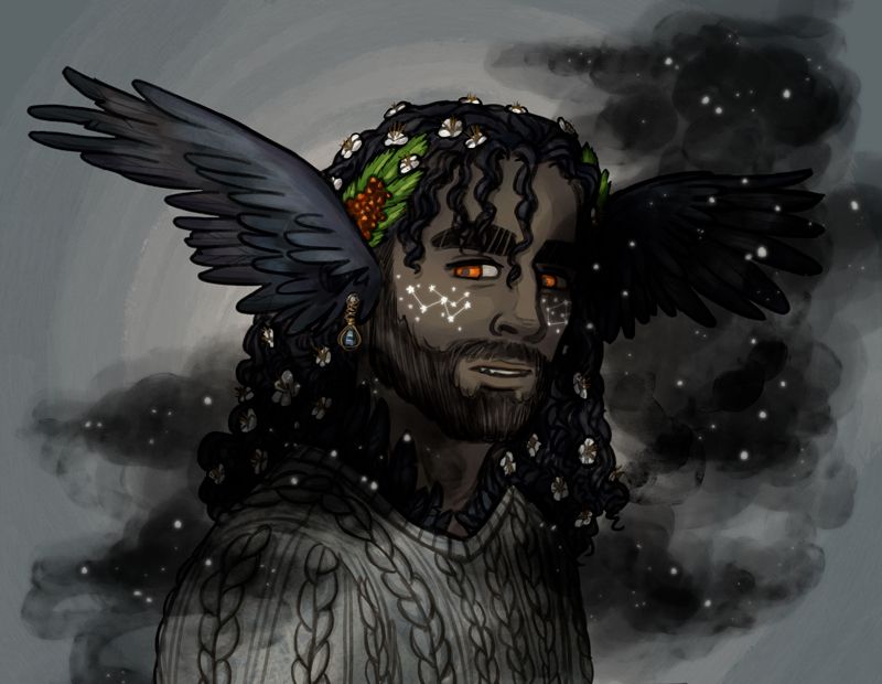 An illustration of a shadow engulfed man with constellation freckles and his hair overgrown with rowan flowers as wings replace his ears