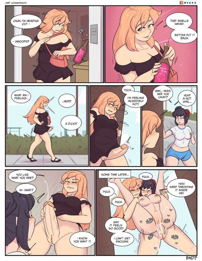 Belle accidentally receives a dose of Freya's Kiss after knocking the cork off the bottle. She ends up sprouting a cock and fucking Rain senseless.