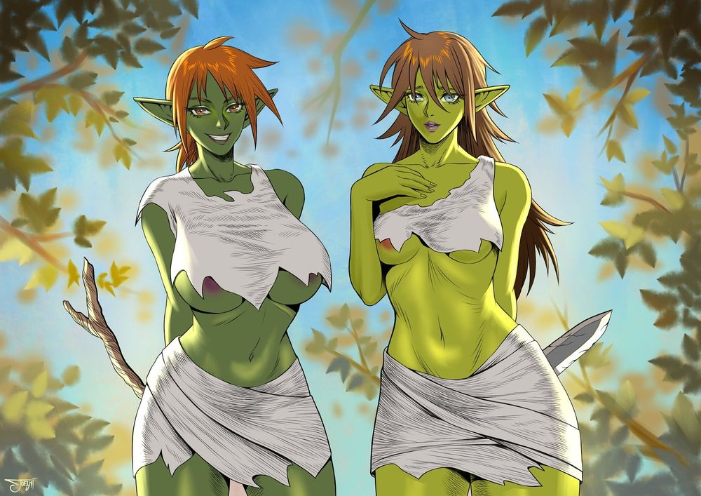 Belle and Ginny wearing nothing but a small set of revealing and dirty rags. They're smiling disarmingly at the viewer, but behind one of their backs is held a stick, and behind the other a shoddy dagger.
