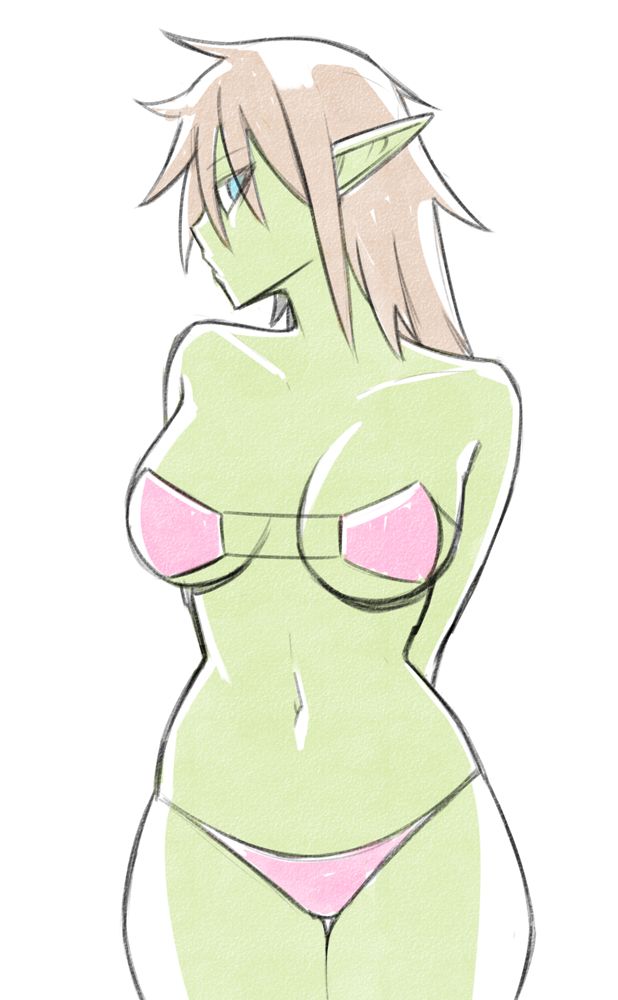 Ginny looking a little shy in a daring bikini that highlights her more slender figure with an extra cute flair. 