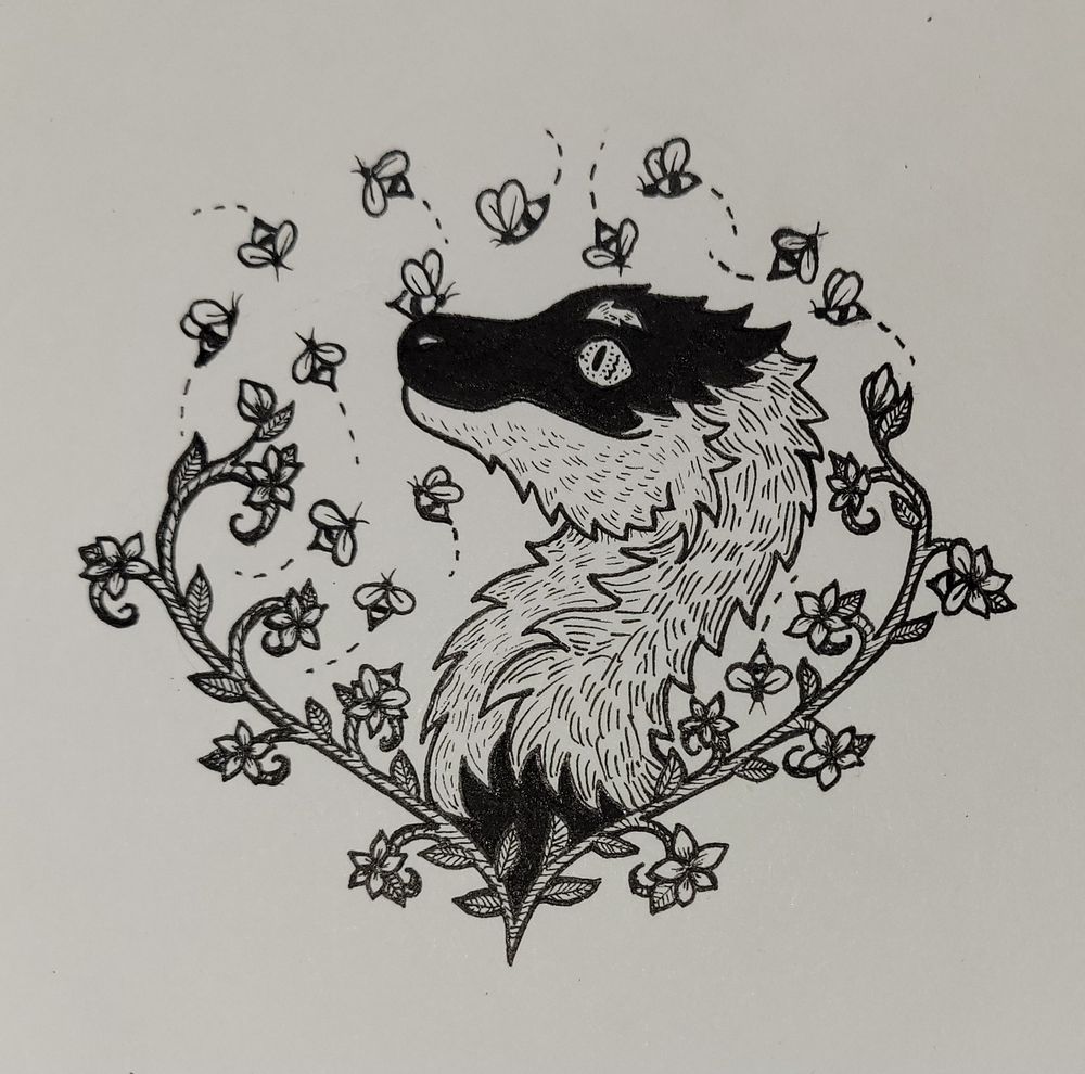 A black and white ink drawing of a bust of a sinosauropteryx, Sinno made by Akatix. He is surrounded by bees and flowers. 