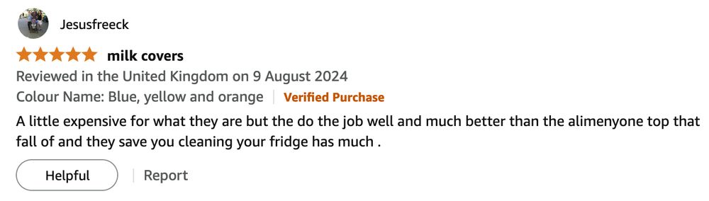 Screenshot of an Amazon product review for silicone milk bottle tops, reading: "A little expensive for what they are but the [sic] do the job well and much better than the alimenyone [sic] top that fall of [sic] and they save your cleaning your fridge has [sic] much ."