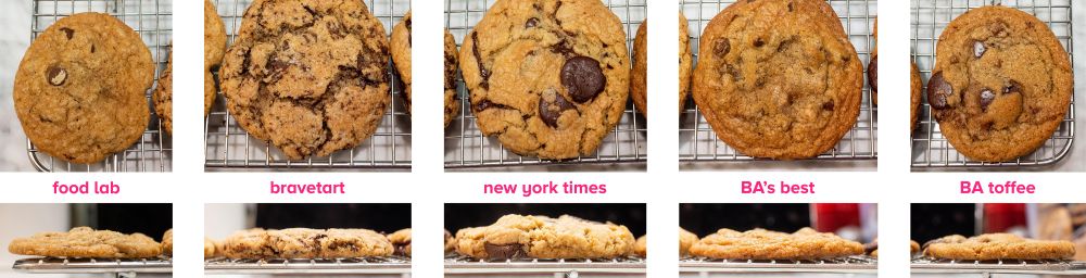 photo of five different chocolate chip cookies from five different recipes: the food lab, bravetart, new york times, bon appetit's best, and bon appetit's toffee cookies.
