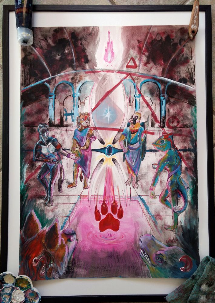 A ferret, lion, bearded vulture and chameleon are performing some sort of ritual opening a portal, while a fox and alligator are watching.