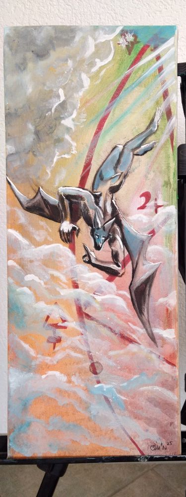 anthropomorphic bat falling from the skies, roughly inspired by the fall of Lucifer